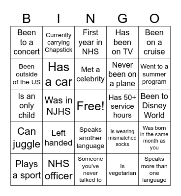 NHS Bingo Card