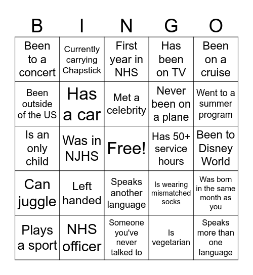NHS Bingo Card