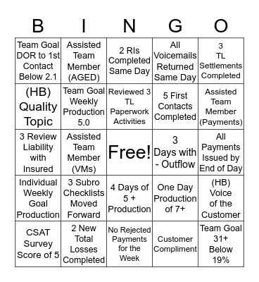 One Team Bingo Card