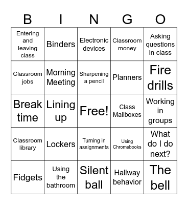 Grade 5 Homeroom Procedures BINGO Card