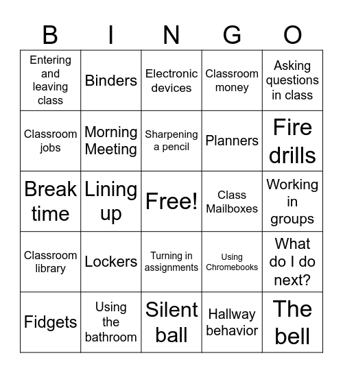 Grade 5 Homeroom Procedures BINGO Card