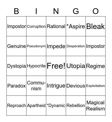 English 10A Vocabulary Bingo Card