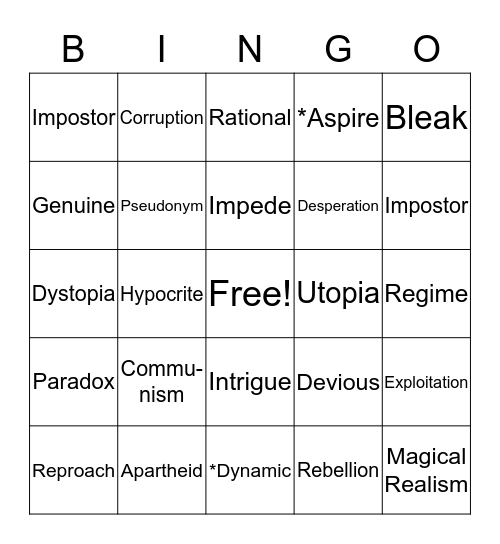 English 10A Vocabulary Bingo Card