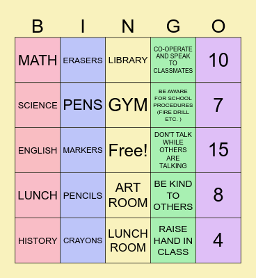 BACK TO SCHOOl Bingo Card