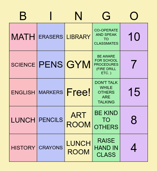 BACK TO SCHOOl Bingo Card