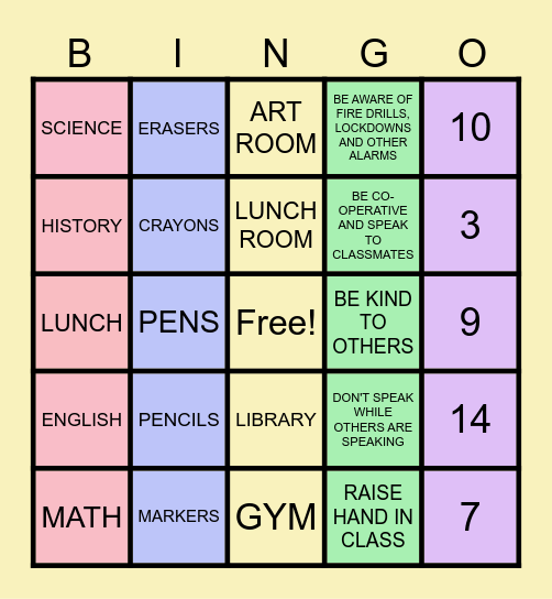 BACK TO SCHOOL Bingo Card