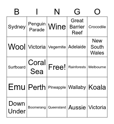 Australia Bingo Card