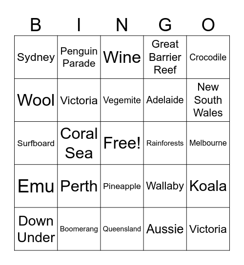 Australia Bingo Card