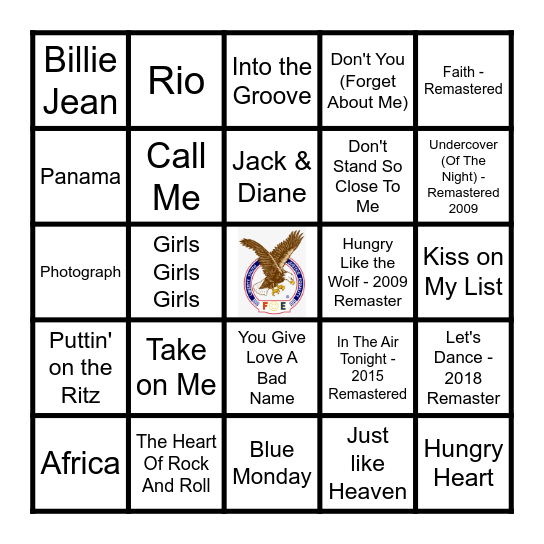 80'S ROCK/POP Bingo Card