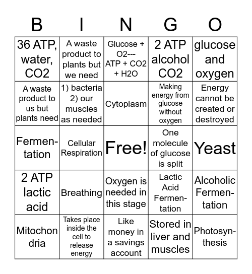 LIFE SCI 3-4 CELLULAR RESPIRATION Bingo Card