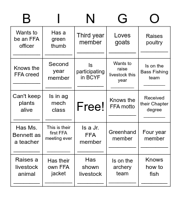 FFA human bingo Card
