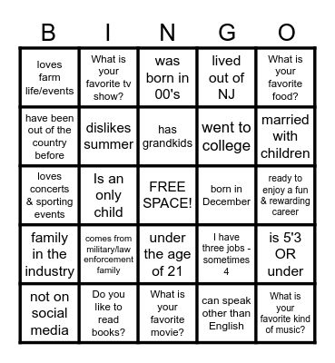 Getting To Know Us Bingo Card