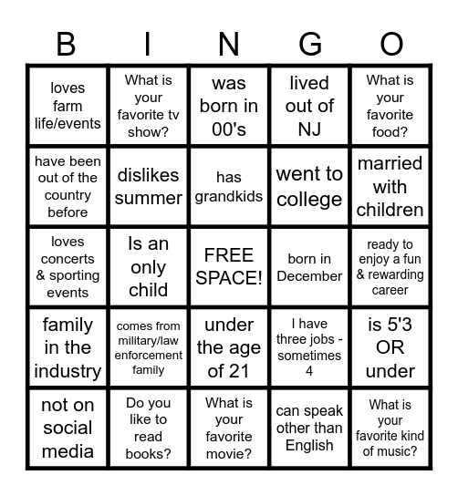 Getting To Know Us Bingo Card