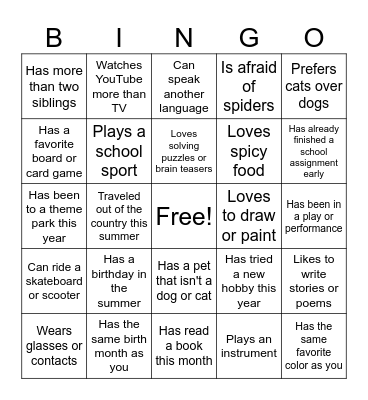 Get to Know You Bingo Card