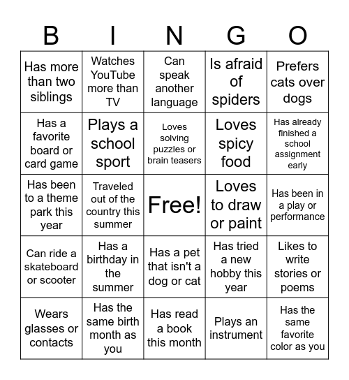 Get to Know You Bingo Card