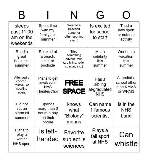 Bio Bingo Card