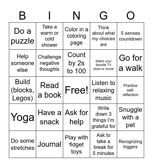 Emotional Regulation Bingo Card