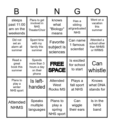Bio Bingo Card