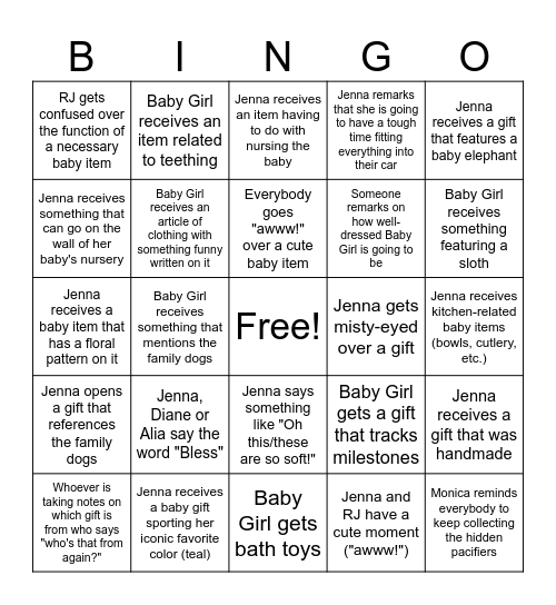Baby Shower Bingo with Jenna! Bingo Card