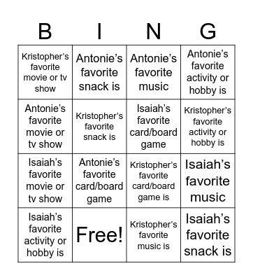 Tevin's Bingo Card