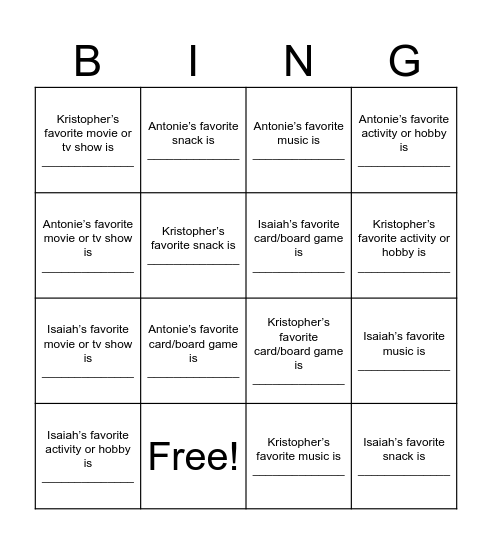 Tevin's Bingo Card