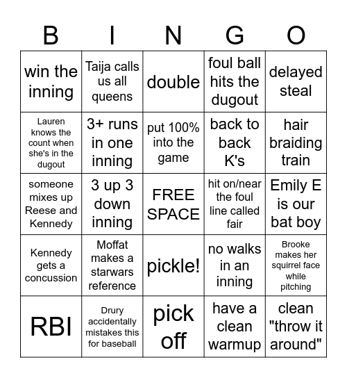 VARSITY KIRKWOOD SOFTBALL BINGO Card