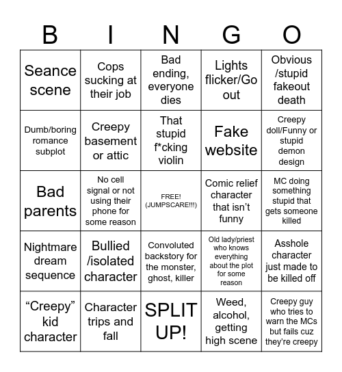 Horror movie cliche bingo Card