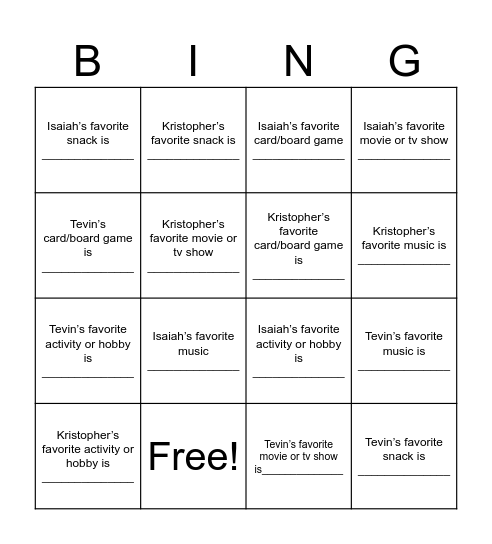 Antione's Bingo Card