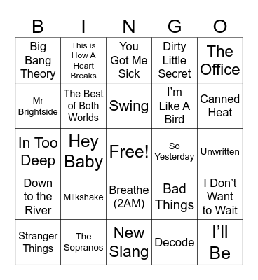 Movies and Tv shows 00’s Bingo Card
