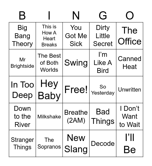 Movies and Tv shows 00’s Bingo Card