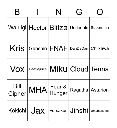 Cosplay Bingo Card