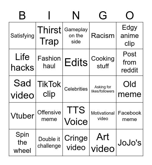 Instagram Reels bingo Card