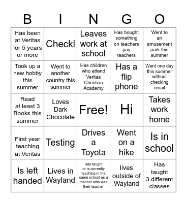 Teacher Bingo Card