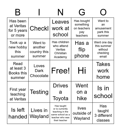 Teacher Bingo Card
