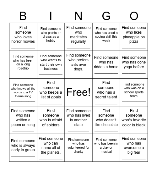 Get To Know You Bingo Card
