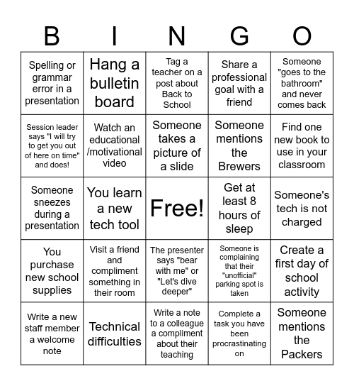 Back to School Bingo- For Staff! Bingo Card