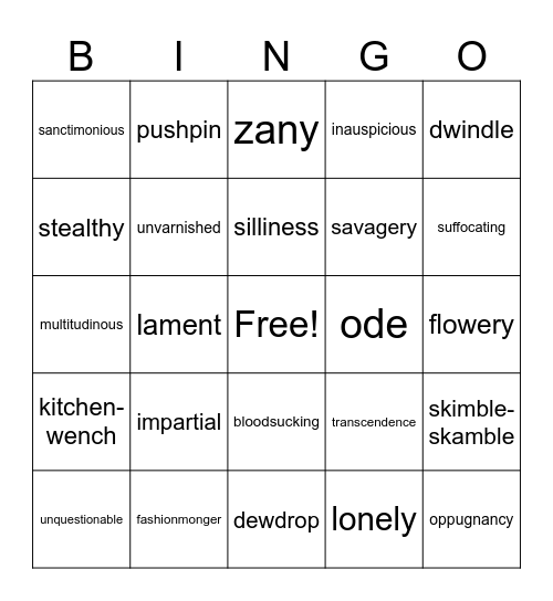 Silly Shaxpere Bingo Card