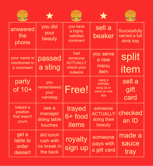 Red Robin Bingo Card