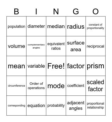 8th Math Vocabulary Bingo Card