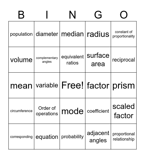 8th Math Vocabulary Bingo Card