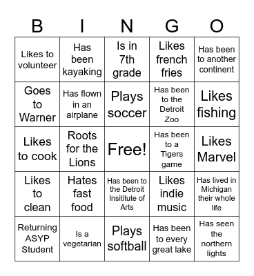 ASYP Get To Know You BINGO Card