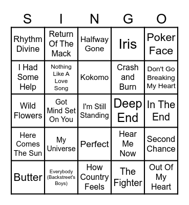 Tori's Favorite Songs Bingo Card