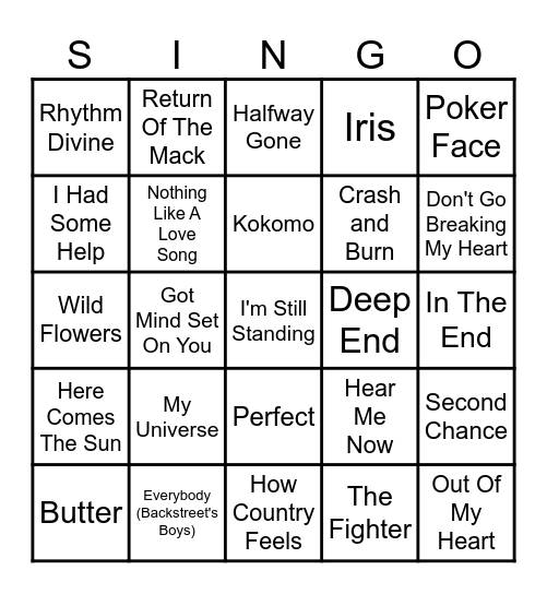 Tori's Favorite Songs Bingo Card