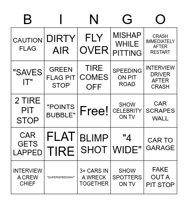 NASCAR Bingo Card