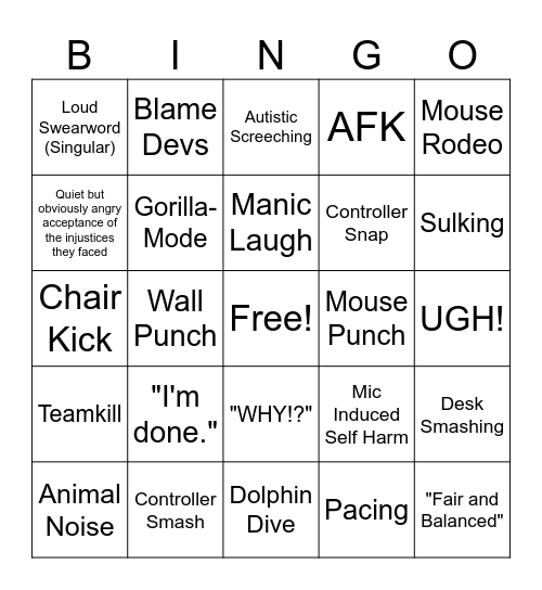 Gamer Rage Bingo Card