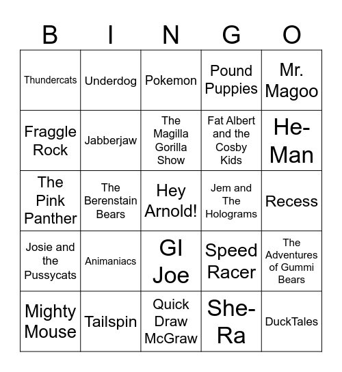 GEN  X KIDS SHOWS Bingo Card