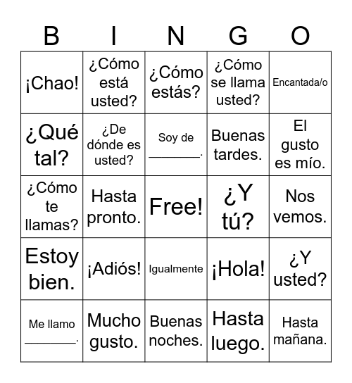 Saludos y Despedidas Spanish 1 Bingo Card