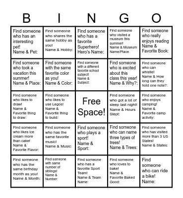 Back to School Bingo Card