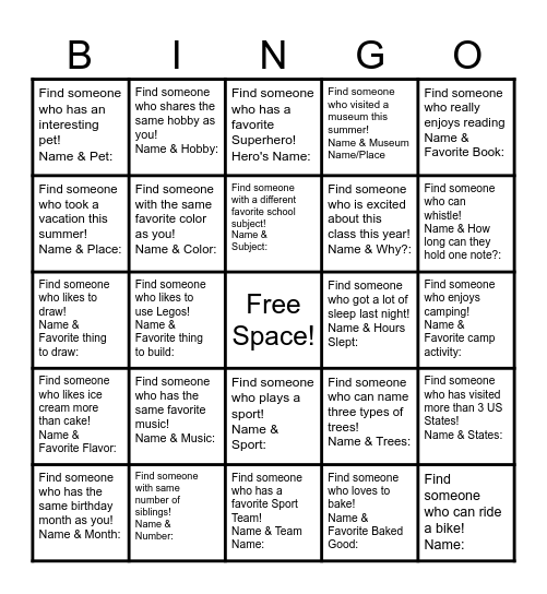 Back to School Bingo Card