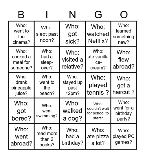 Summer Vacation Bingo! Bingo Card
